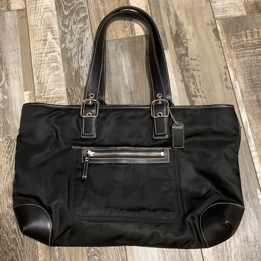 Authentic Vintage COACH Signature Black Nylon Leather Tote Handbag 2003 Y2K